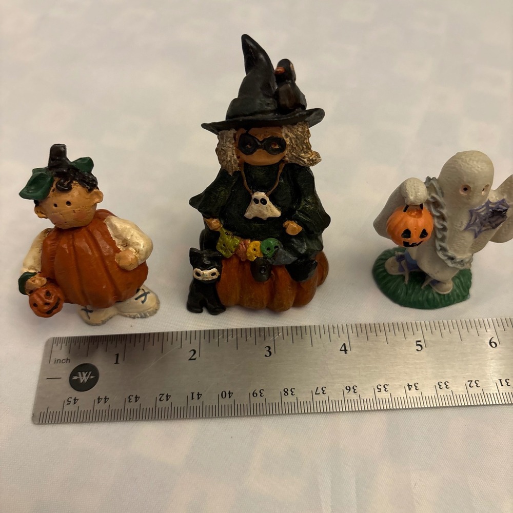 1990s Halloween Figurines Witch Ghost Pumpkin Boy Fall Decorations Set of 3 - Picture 6 of 10